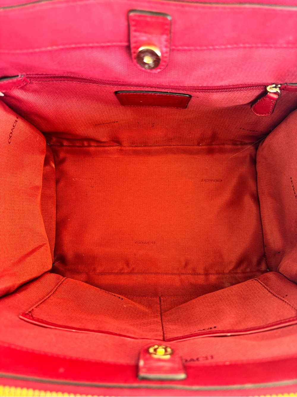 Coach Red Leather Tote with Signature Scarf and Gold Hardware - Picture 8 of 16